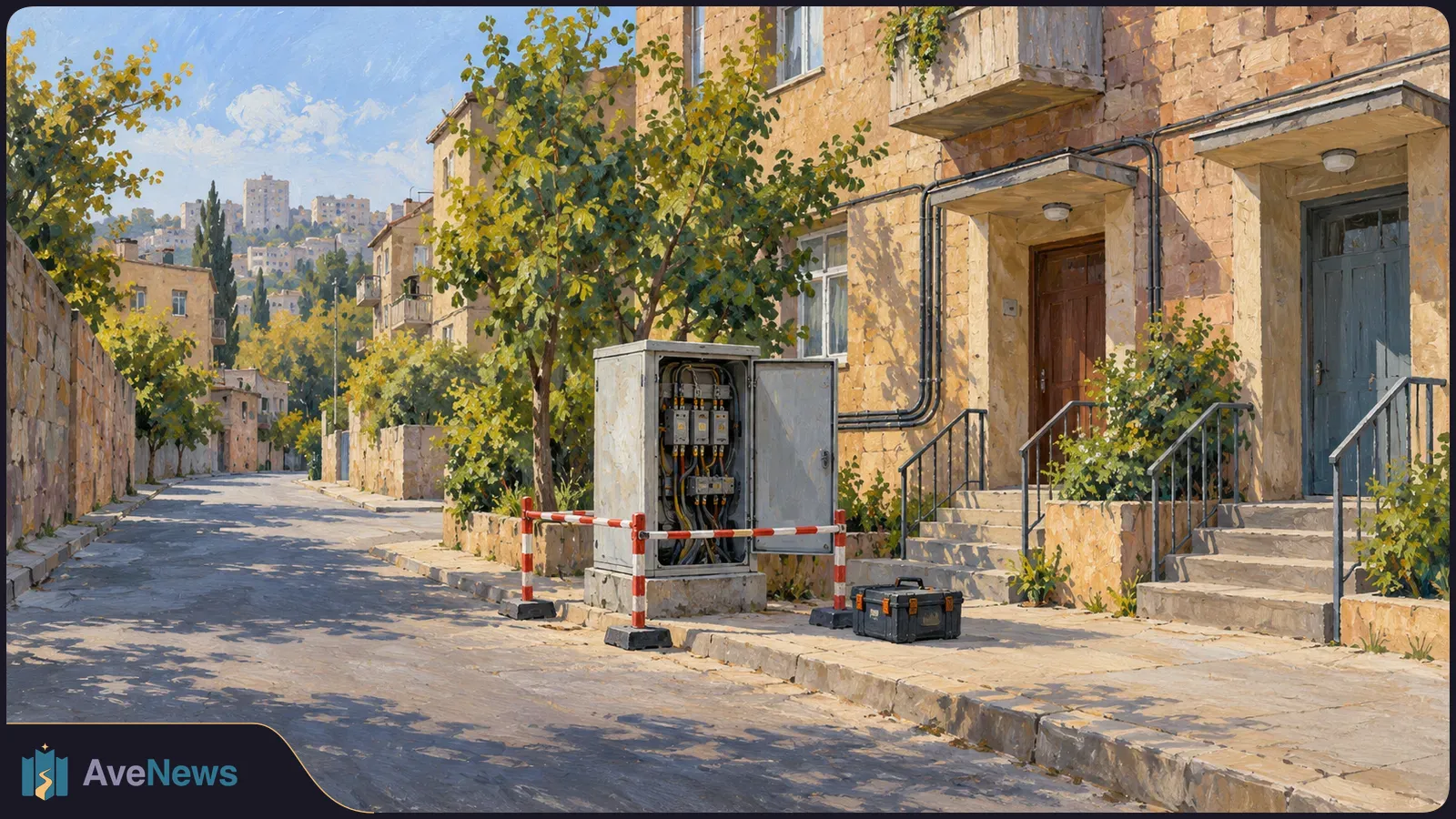 Painted stone-lined street beside apartment buildings, with an open electrical cabinet, red-and-white barriers and a toolbox on the sidewalk. SI illustration