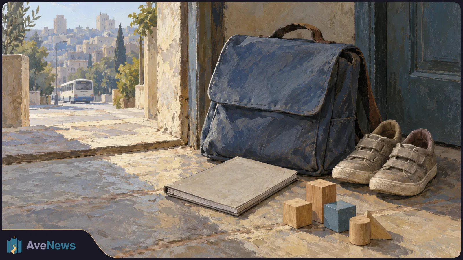 An illustrated backpack, notebook, small shoes and wooden blocks sit by a doorway. A bus travels along a sunlit street toward a hillside of buildings. SI illustration