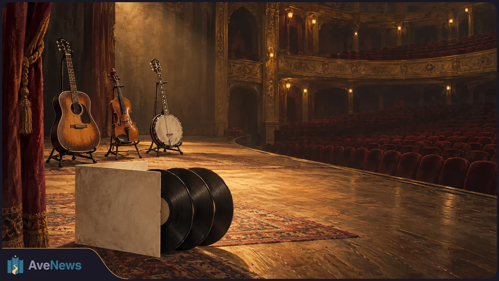 Three vinyl records and a blank sleeve sit on a theater stage beside an acoustic guitar, fiddle and banjo. Empty red seats and ornate balconies fill the background. SI illustration