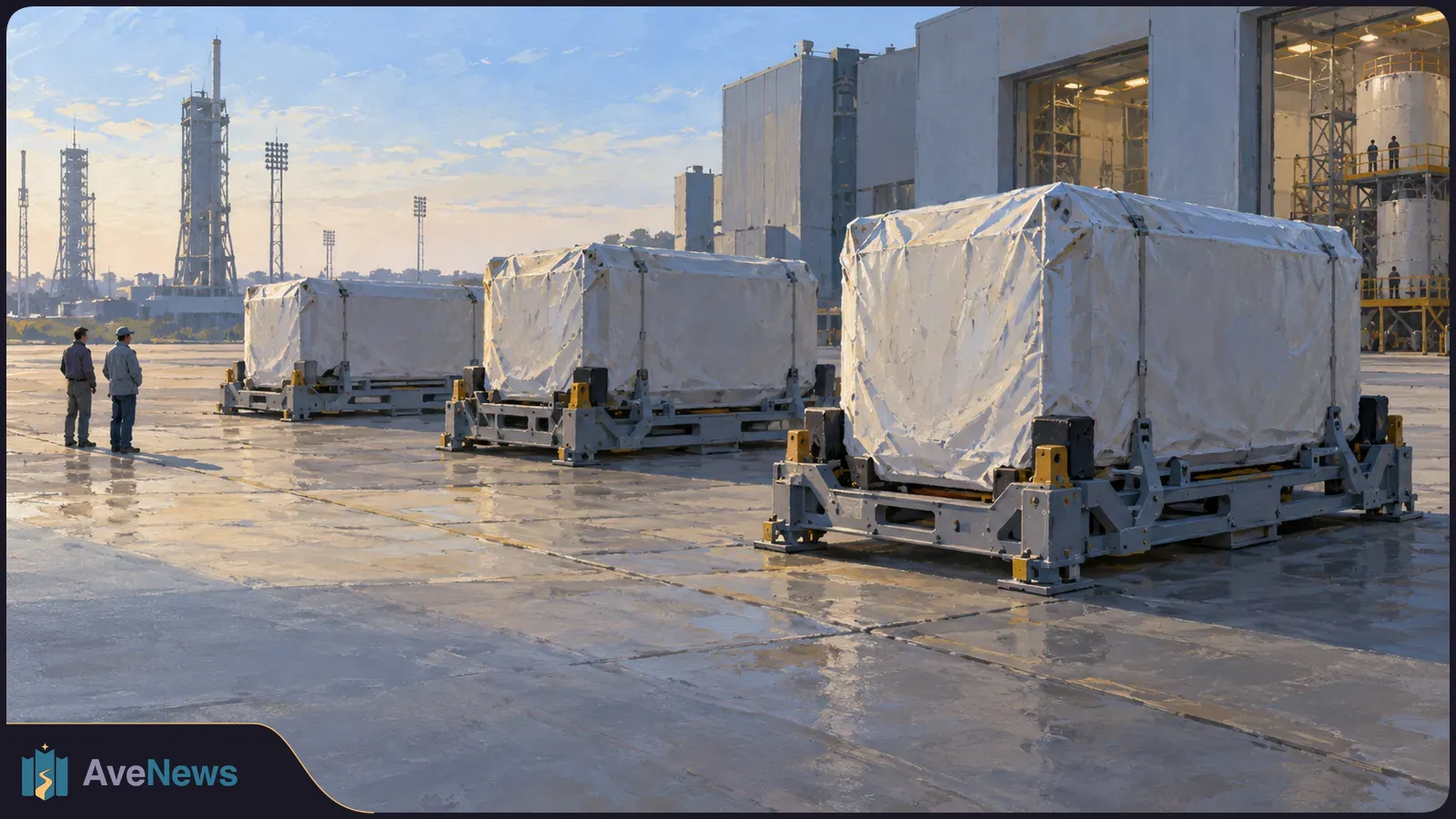 Three large white-wrapped containers sit on metal platforms outside an industrial building, with two workers nearby and launch towers in the distance. SI illustration