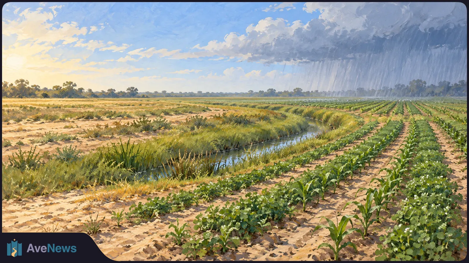 Painted farmland with dry, sparse ground on the left, rows of green crops on the right, and a water channel between them beneath sunlit and rainy skies. SI illustration