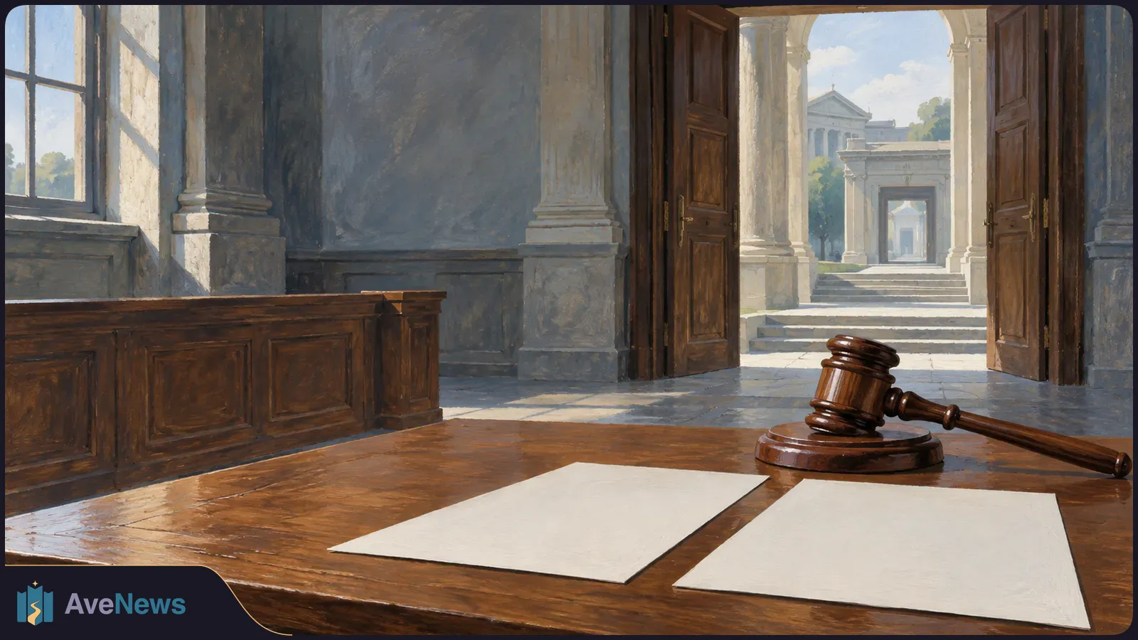 Painted courtroom scene with a wooden gavel and two blank sheets on a desk; open doors lead to a sunlit columned courtyard. SI illustration