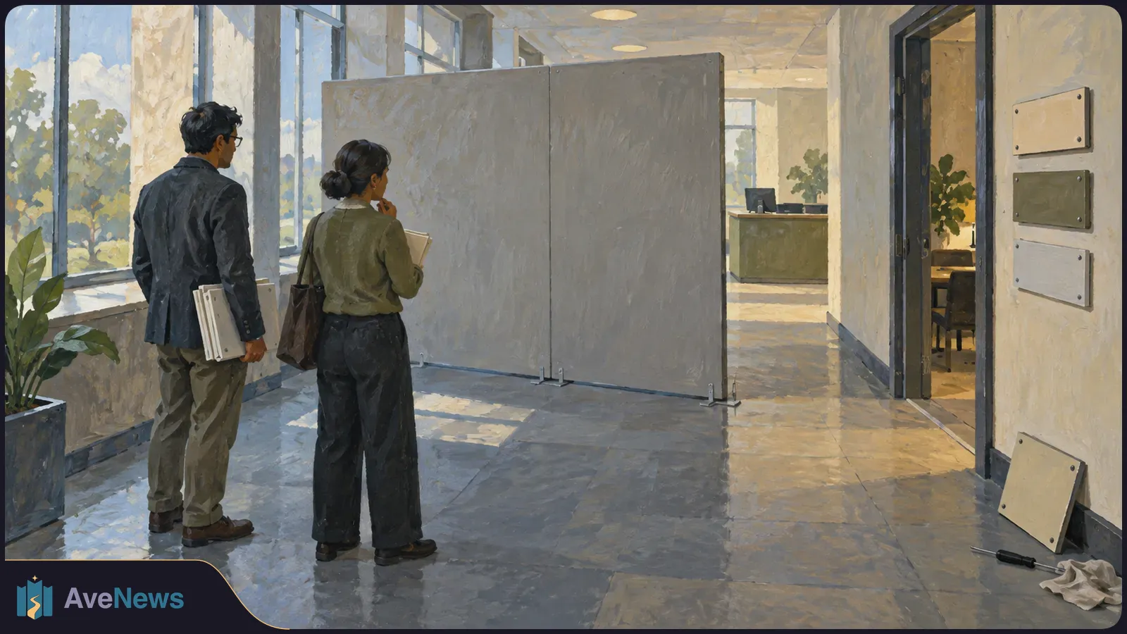 Painted office hallway with two people holding folders beside a large gray partition. Blank plaques hang on the wall; a loose panel and screwdriver lie on the floor. SI illustration