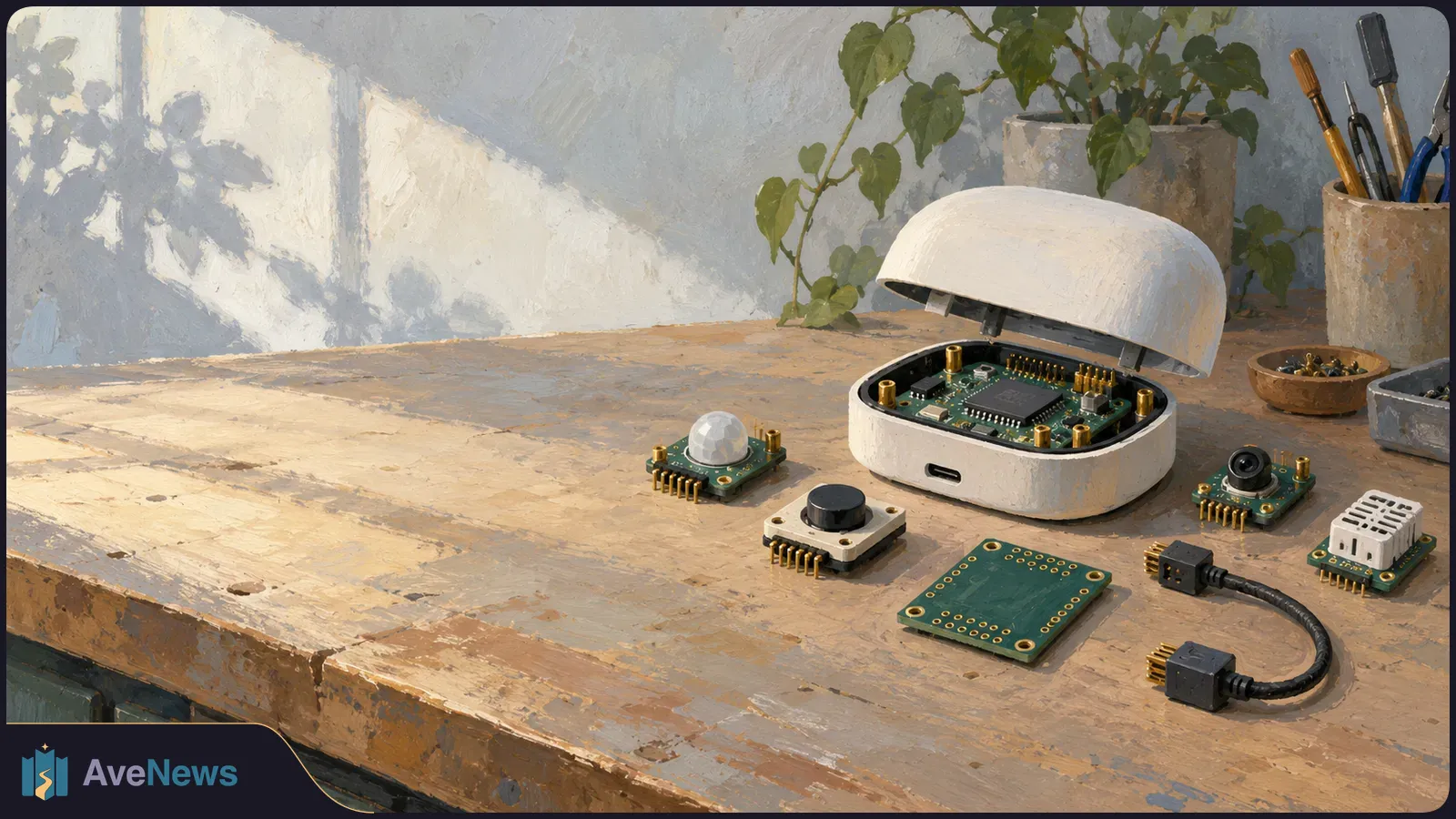 Painterly illustration of an open white electronic device with an exposed circuit board, surrounded by small modules, a button, cable and tools on a workbench. SI illustration