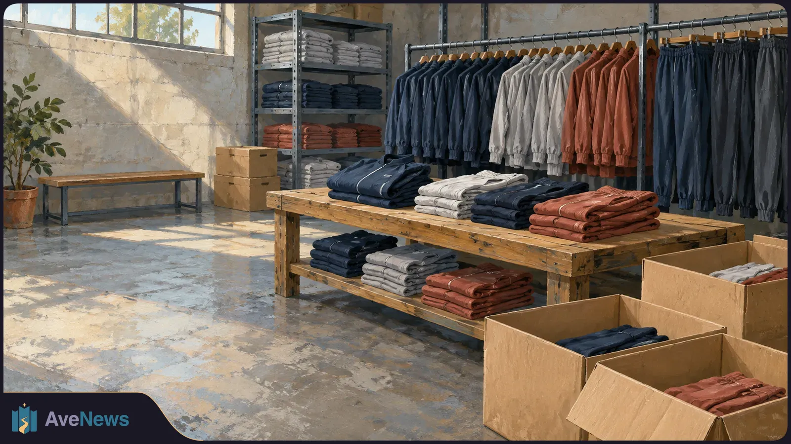 Folded navy, gray and rust-colored clothing sits on a wooden table and shelves, with matching jackets and trousers hanging on racks beside open boxes. SI illustration