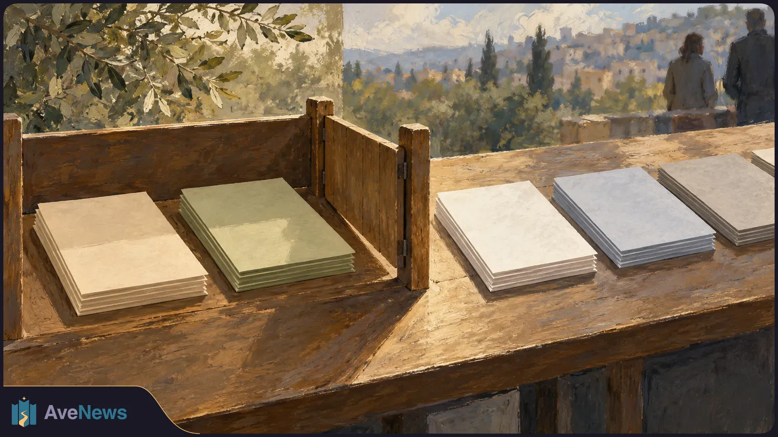 Painted scene of blank paper stacks on a wooden counter divided by a panel, with leafy branches, a hillside town and two figures in the distance. SI illustration