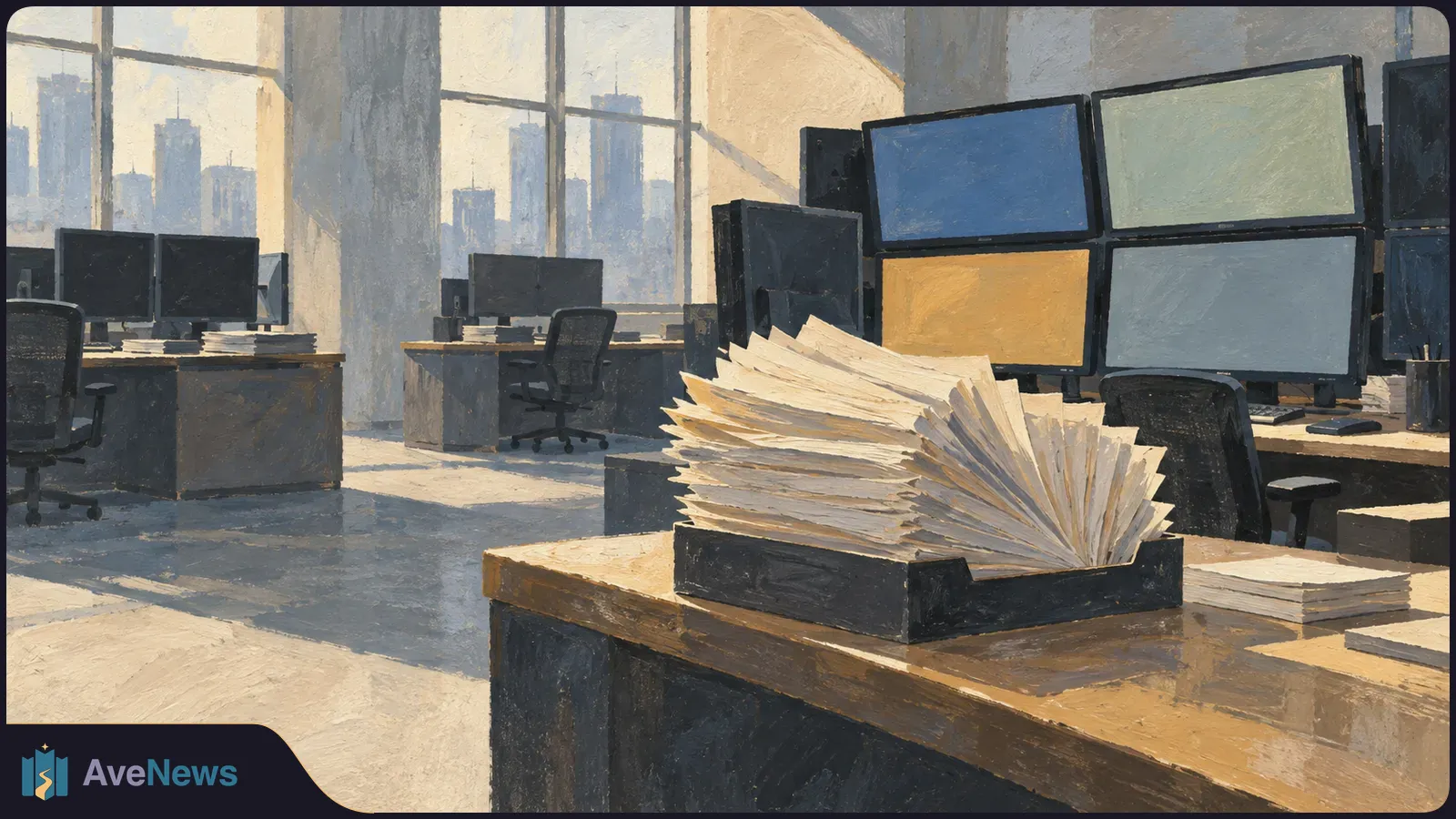 Painted office with rows of blank monitors, empty chairs and a fan of papers on a foreground desk; a city skyline shows through tall windows. SI illustration