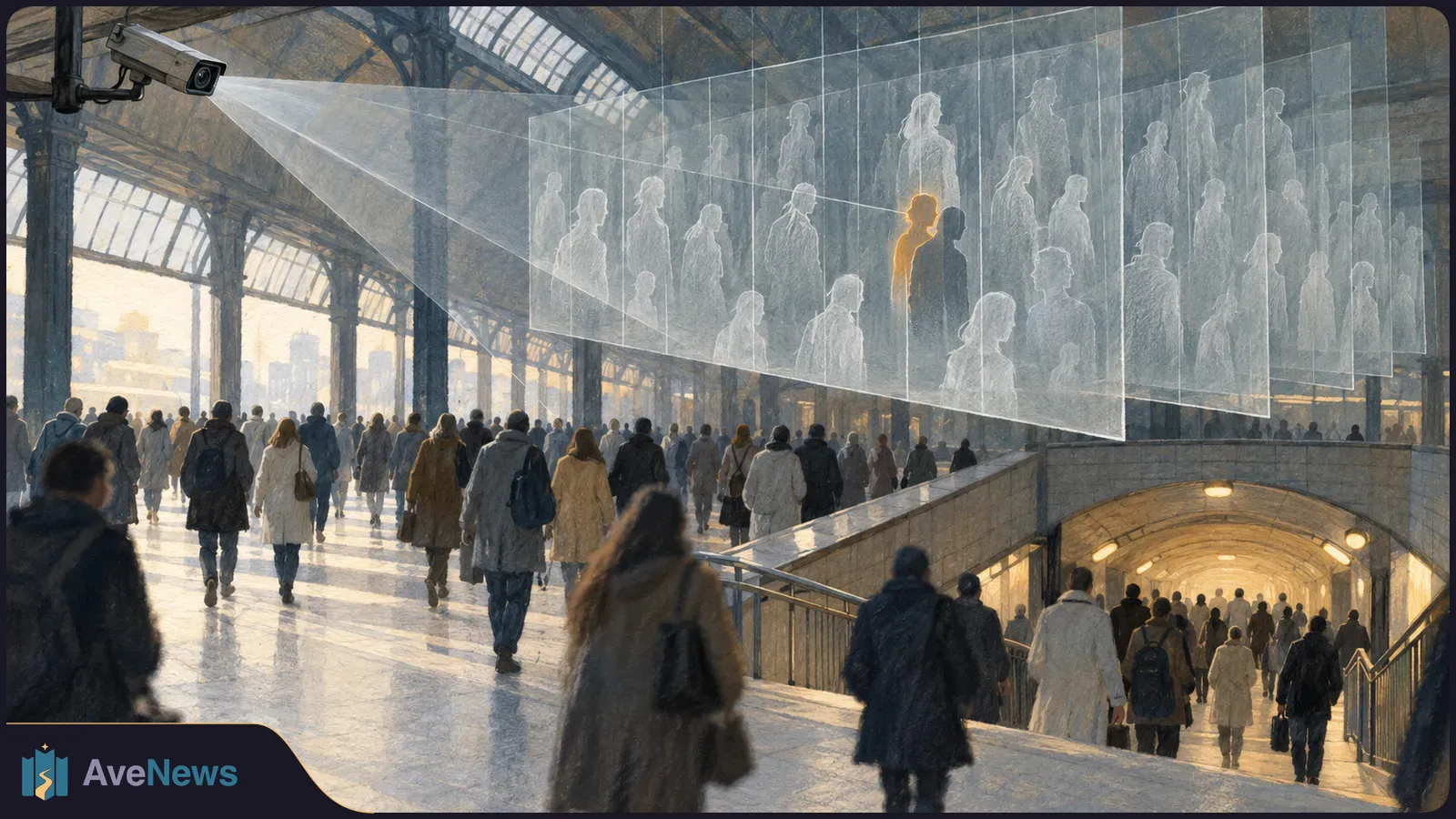 Illustration of a crowded railway station: a surveillance camera projects a beam toward translucent panels of commuter silhouettes, with one figure outlined in orange. SI illustration
