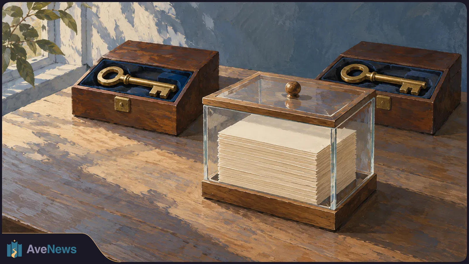 Painting of two brass keys in open wooden boxes behind a glass case holding a stack of blank papers on a sunlit table. SI illustration