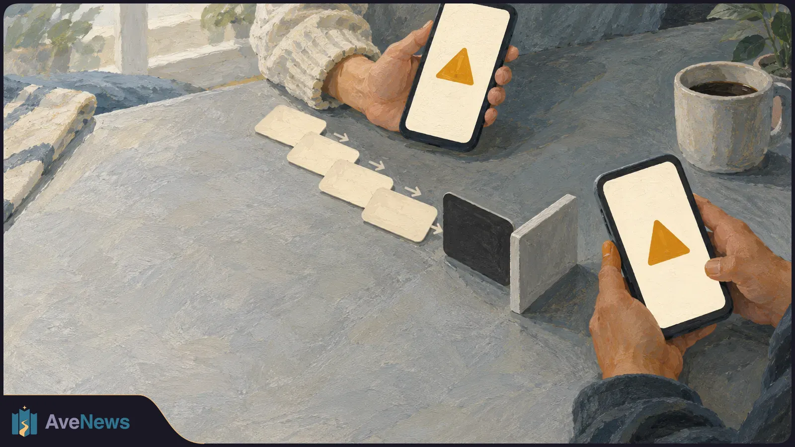 Painted illustration of two hands holding phones with yellow warning triangles on their screens. Blank cards and arrows lead toward an upright dark panel on a table beside a mug. SI illustration