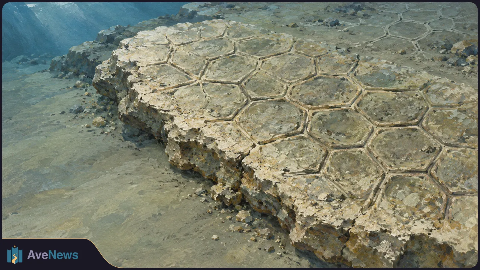A painted seabed rock is covered with interconnected hexagonal grooves, with sand and scattered stones around it. SI illustration