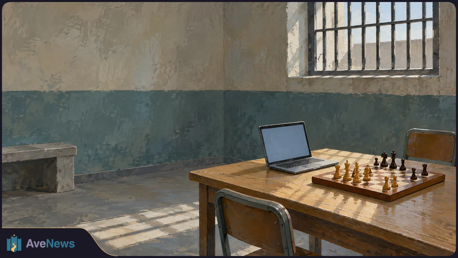 Painted room with a barred window. A chessboard with pieces and an open laptop sit on a wooden table beside empty chairs. SI illustration