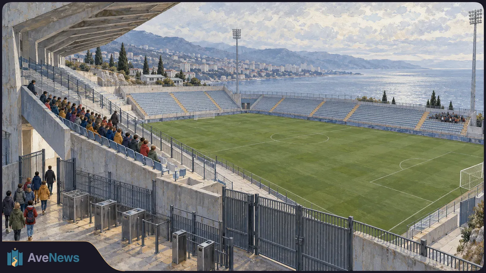 Painted view of a coastal football stadium with an empty pitch and mostly vacant stands. Small groups of spectators sit in the stands, while others approach the turnstiles. SI illustration