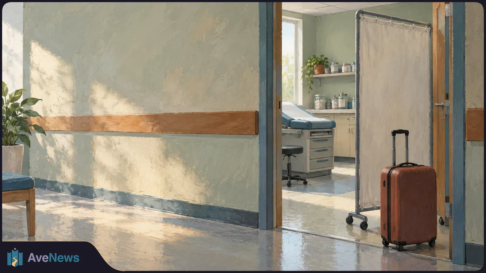A brown rolling suitcase stands in the doorway of a sunlit medical exam room, with a privacy screen, exam table and shelves of supplies beyond. SI illustration
