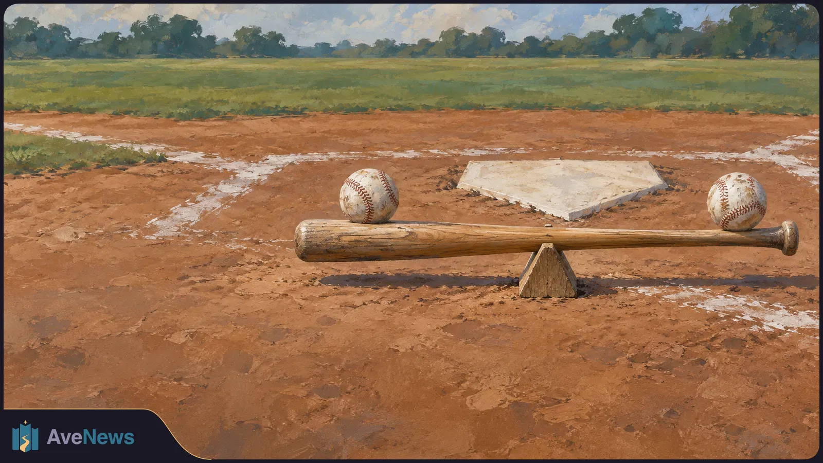 Painted baseball field with a bat balanced on a wooden block and a baseball near each end. Home plate and white chalk lines are visible behind it. SI illustration