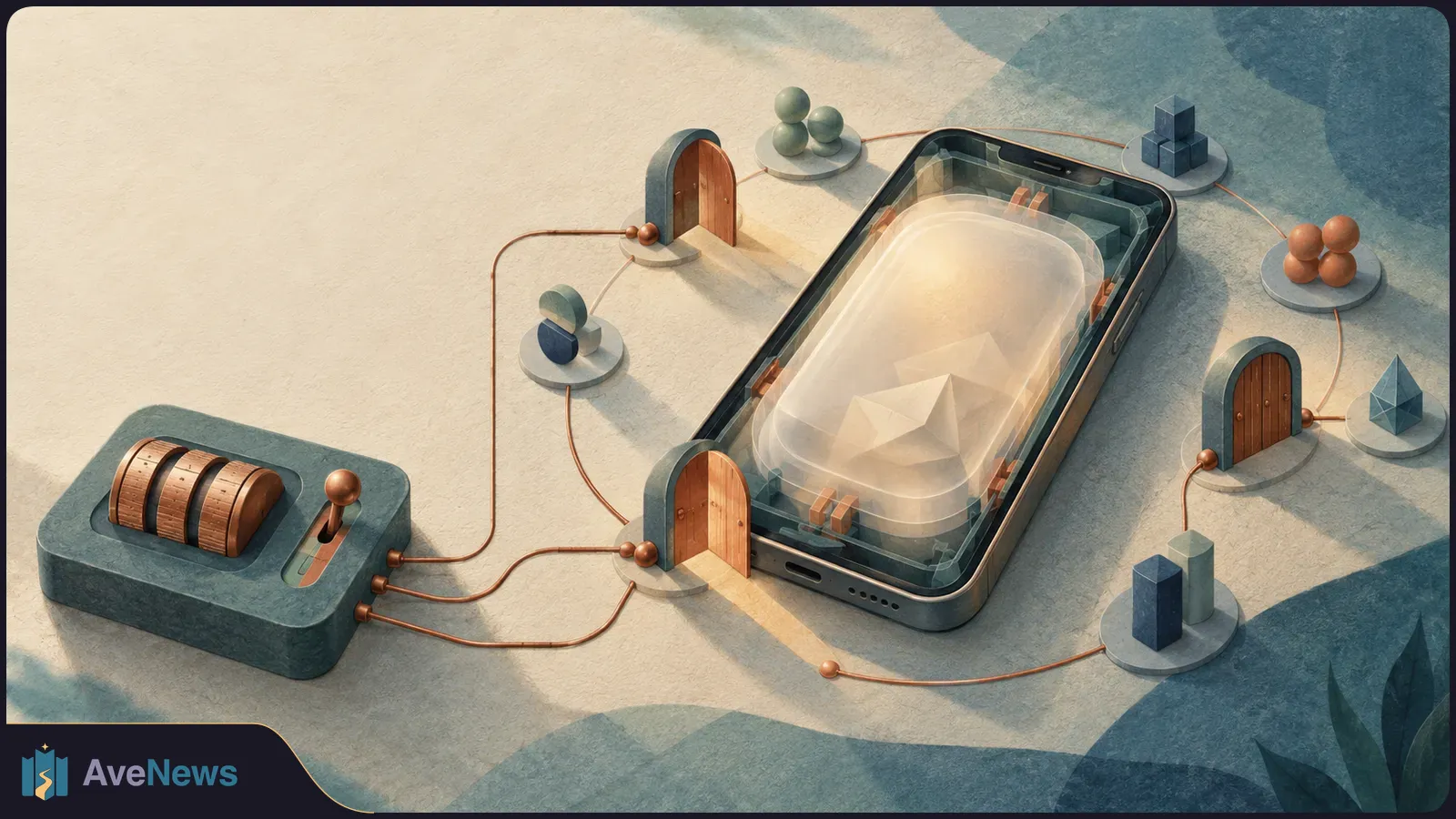 Illustration of a glowing envelope inside a smartphone, surrounded by small doors and geometric shapes linked by wires to a control box. SI illustration