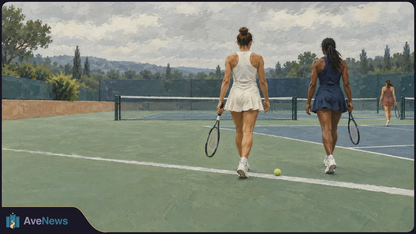 Painterly illustration of three tennis players walking across outdoor courts with rackets. A yellow ball rests near a white court line under a cloudy sky. SI illustration