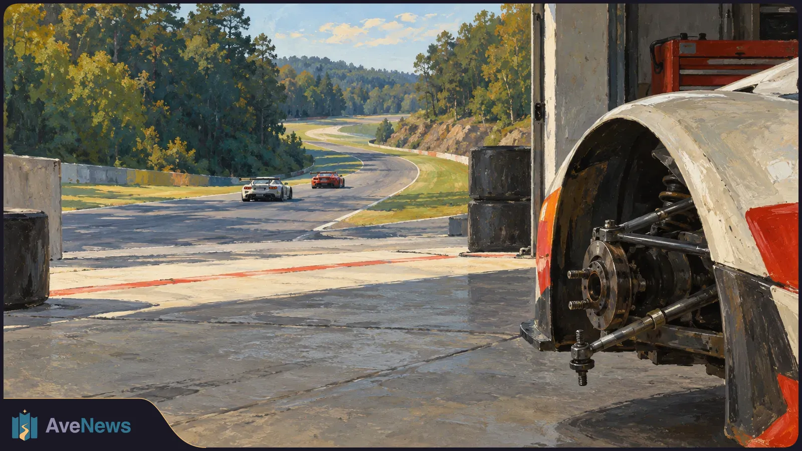 Painterly view from a pit garage: a race car’s front wheel is removed, exposing its hub and suspension, while two cars drive along a winding track beyond. SI illustration