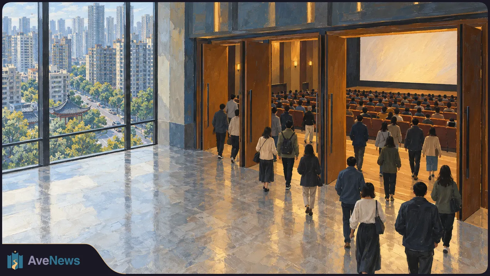 Painted scene of people entering a crowded cinema auditorium through open doors, with a city skyline visible through tall lobby windows. SI illustration