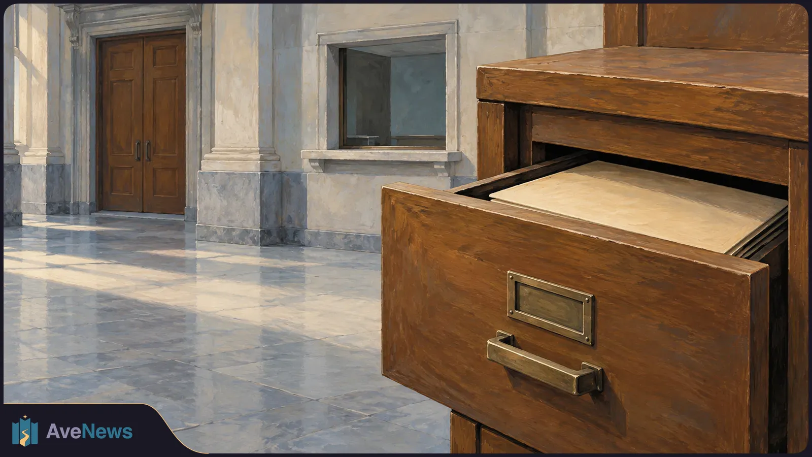 Illustration of an open wooden filing cabinet drawer holding papers in a stone hallway, with double doors and a service window behind it. SI illustration