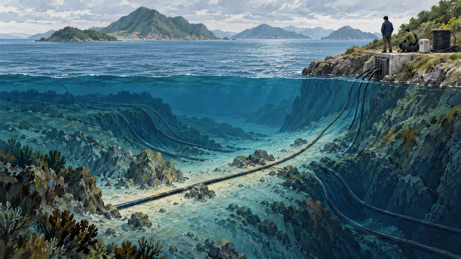 Illustration of cables crossing a rocky seabed toward a coastal installation, where two people stand beside cable reels; mountainous islands lie beyond. SI illustration