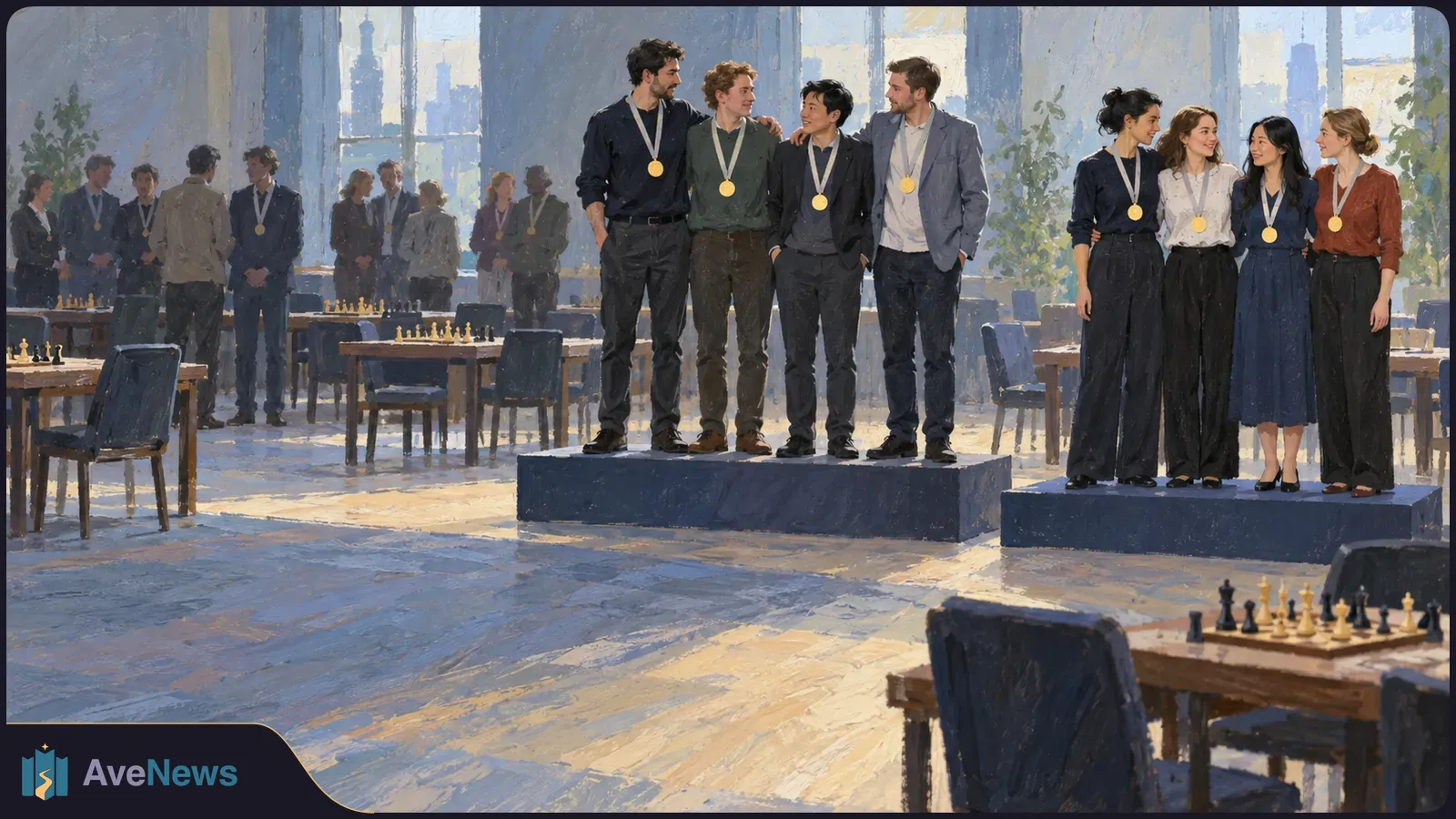 Painted scene of two groups of adults wearing gold medals on low platforms in a hall with chessboards and tables. SI illustration