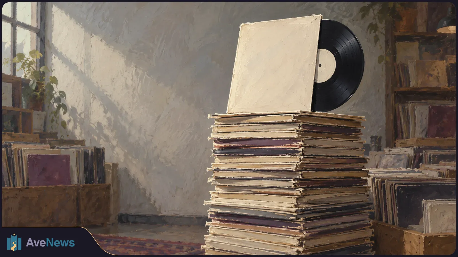 A black vinyl record peeks from a blank sleeve atop a tall stack of album covers in a softly lit record shop. SI illustration