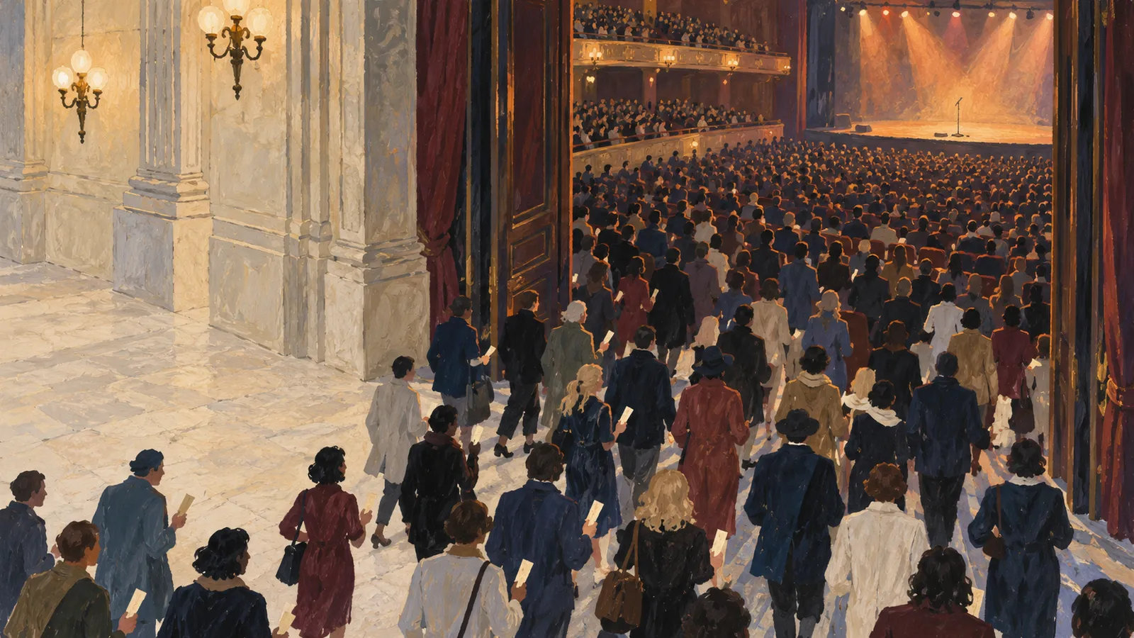 A painted crowd enters an ornate theater, facing a packed auditorium and a warmly lit empty stage with a microphone. SI illustration