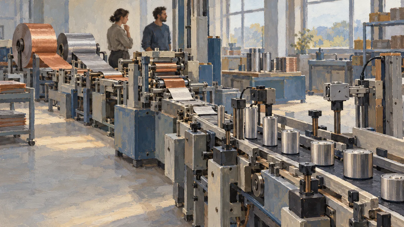Illustration of a factory production line with copper and silver rolls feeding machinery and metal cylinders on a conveyor. Two people stand in the background. SI illustration