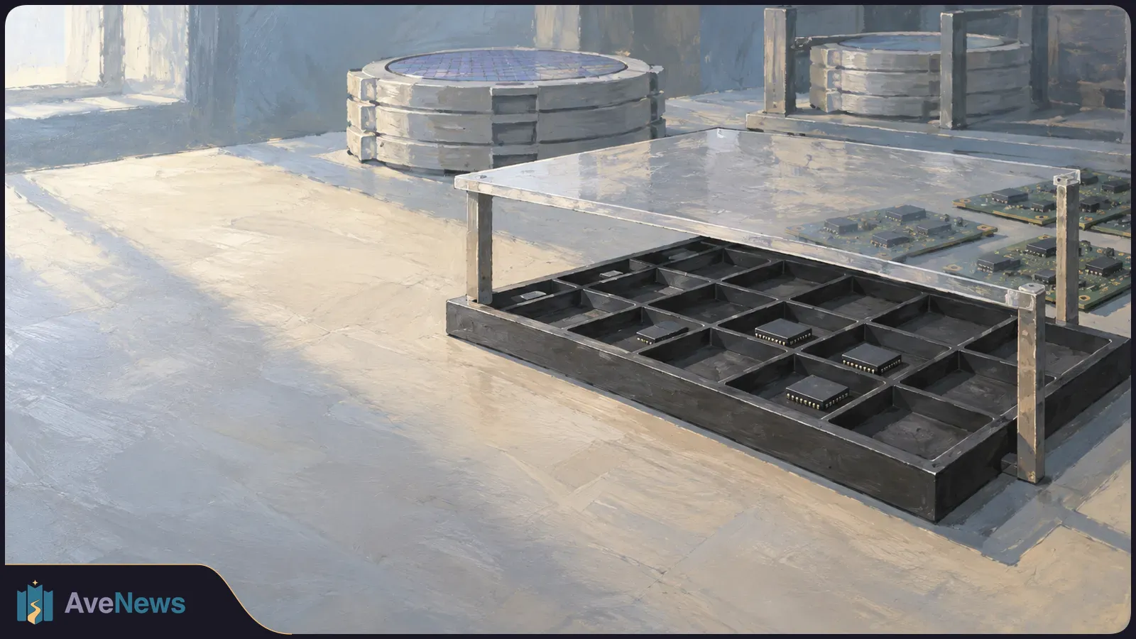 Painted view of a mostly empty compartmented tray with a few chips, circuit boards to the right and stacks of round wafers behind it. SI illustration