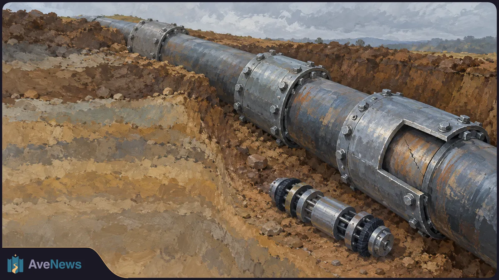 Painted illustration of a large pipeline in an excavated trench, with bolted steel sleeves, a visible crack in an exposed section, and a metal component lying beside it. SI illustration