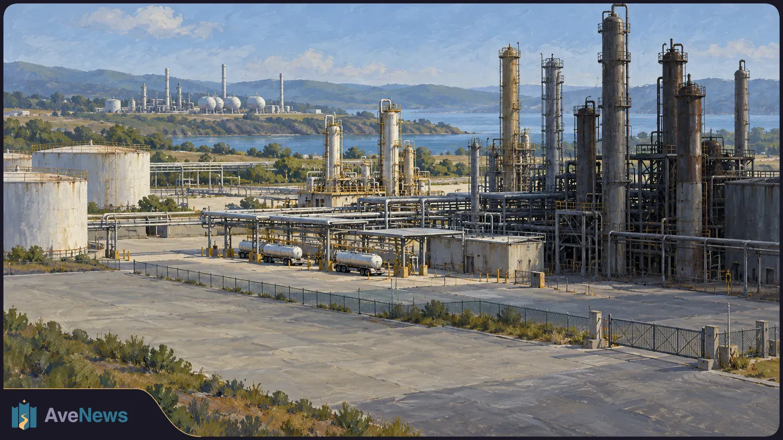 Illustration of a refinery with processing towers, pipes and storage tanks beside a bay, with hills in the distance. SI illustration