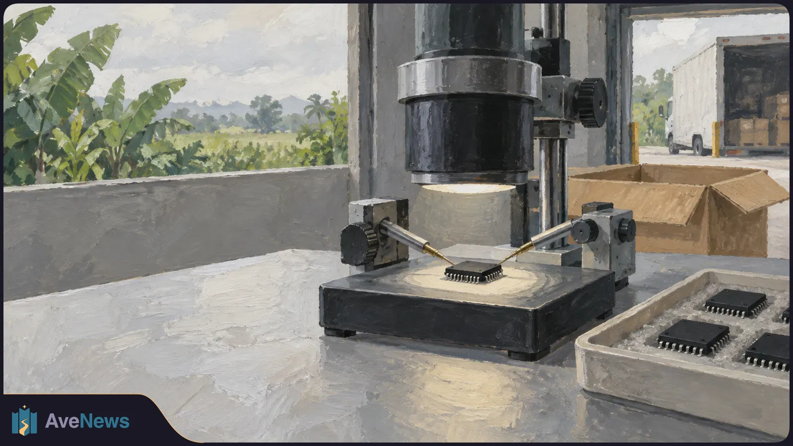 Painted scene of two probes touching a chip beneath a large inspection lens, with more chips in a tray and an open delivery truck in the background. SI illustration