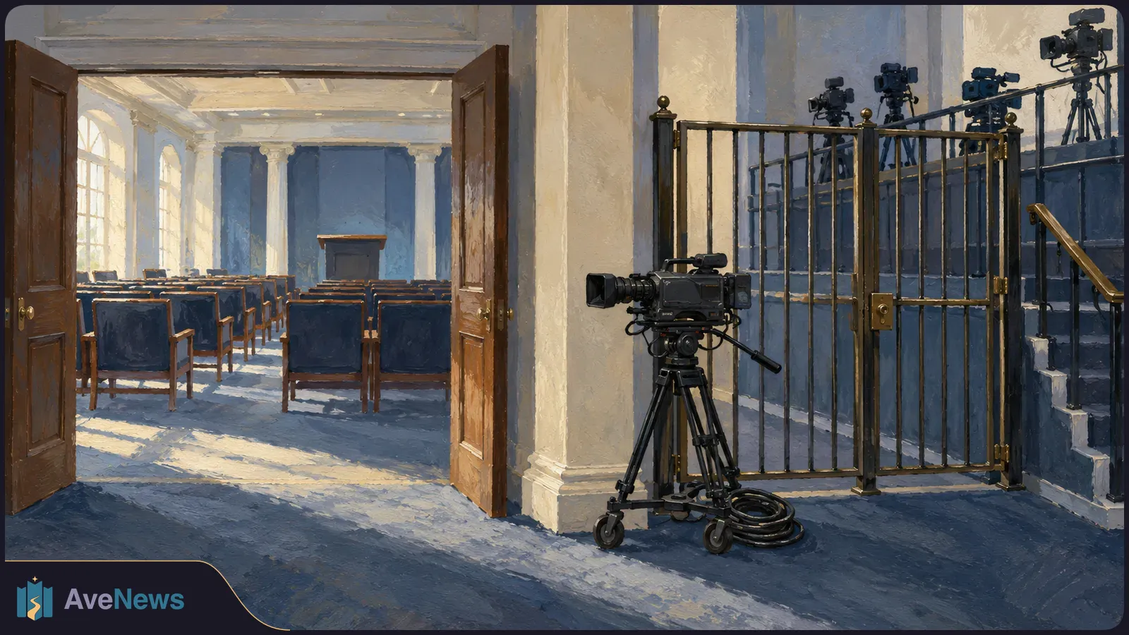 A painted camera stands beside a closed gate, with more cameras beyond the railing. Open doors reveal rows of empty chairs and a lectern. SI illustration