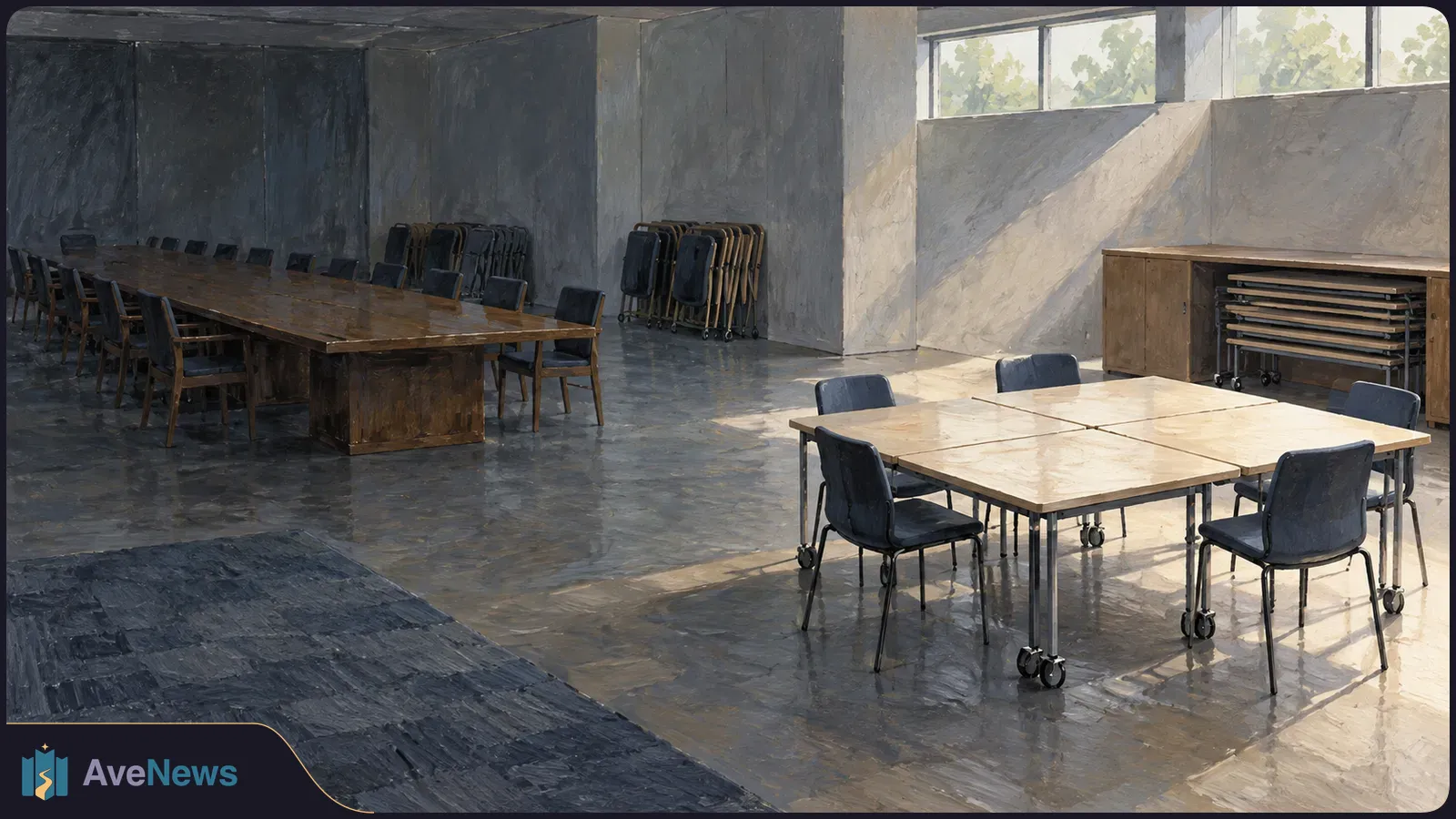 An empty meeting room with tables and chairs, stacks of folded chairs along the walls, and sunlight streaming through high windows. SI illustration