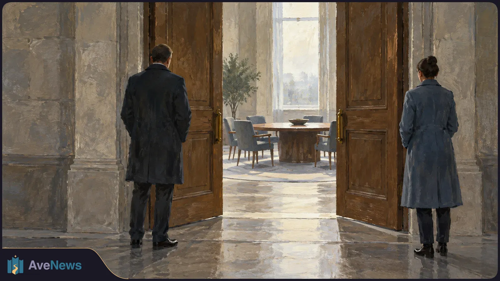 Two people seen from behind stand on either side of open wooden doors leading to a sunlit room with an empty round table and chairs. SI illustration