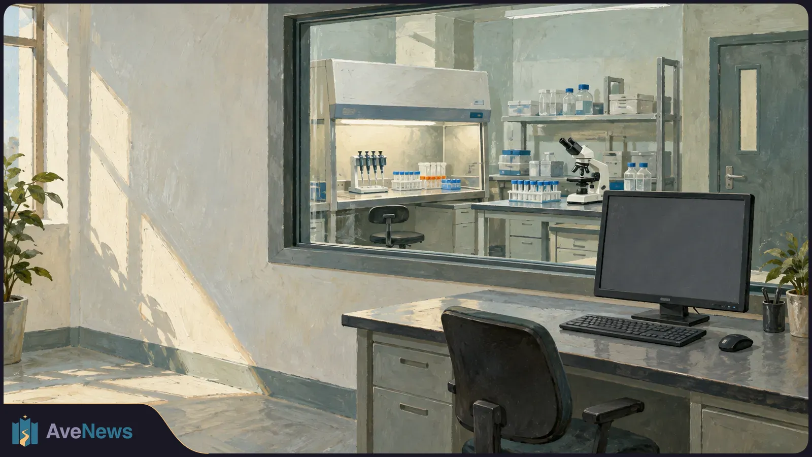 A painted view into a laboratory with pipettes, test tubes and a microscope. A blank computer monitor sits on a desk in the foreground. SI illustration