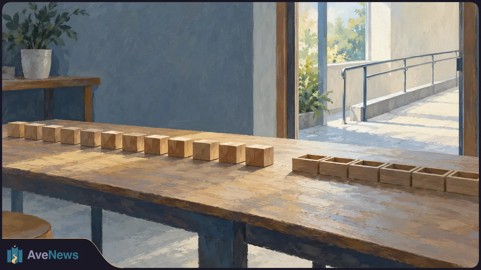Painted scene of solid wooden blocks lined up beside empty wooden boxes on a table, with an accessible ramp visible through an open doorway. SI illustration