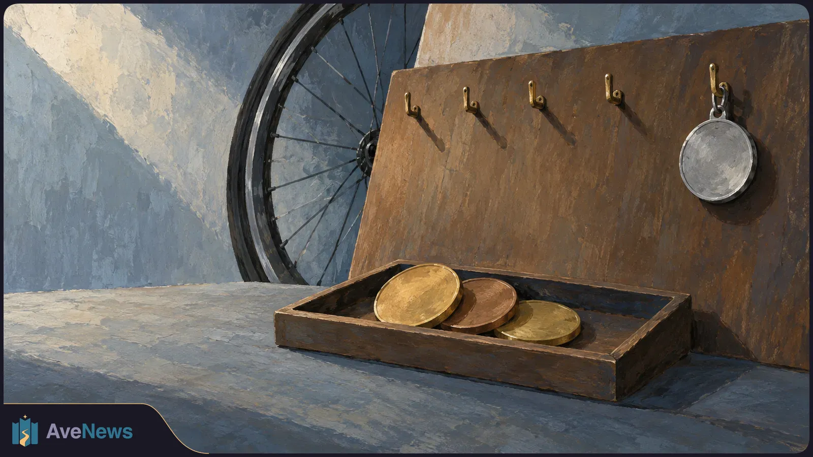 Painterly illustration of a bicycle wheel behind a wooden board with five hooks. A silver-colored medal hangs from one hook; three round medals lie in a tray below. SI illustration