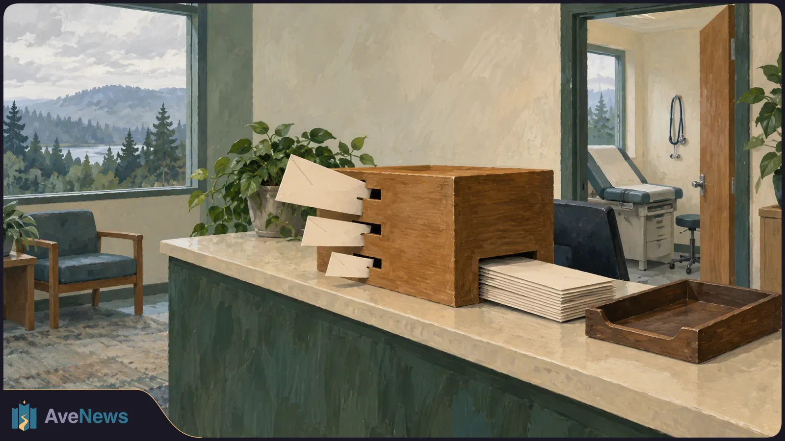 Painted clinic reception with three blank envelopes protruding from a wooden box and a stack of envelopes beside it. An exam room and forested hills are visible beyond. SI illustration