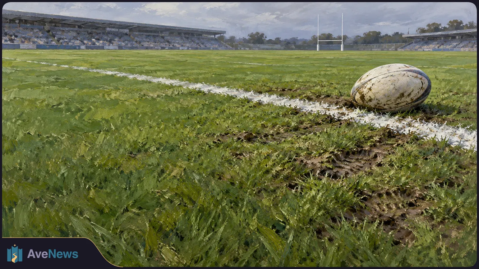 A muddy rugby ball rests beside a white line on a grassy pitch, with goalposts and grandstands beneath a cloudy sky. SI illustration