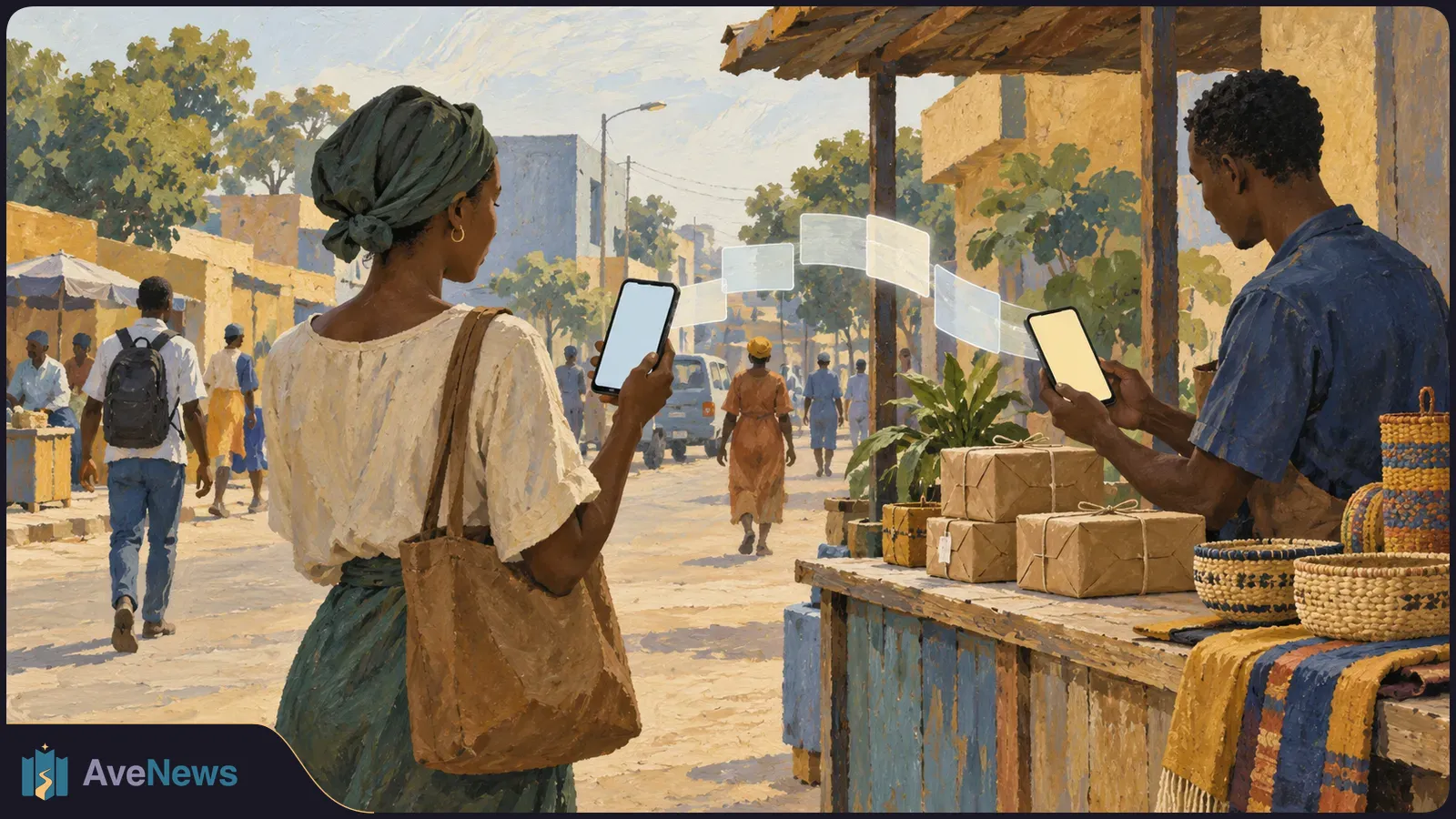Painted street market scene: a woman with a tote bag and a vendor look at phones across a stall with parcels and woven baskets. Translucent panels float between them. SI illustration
