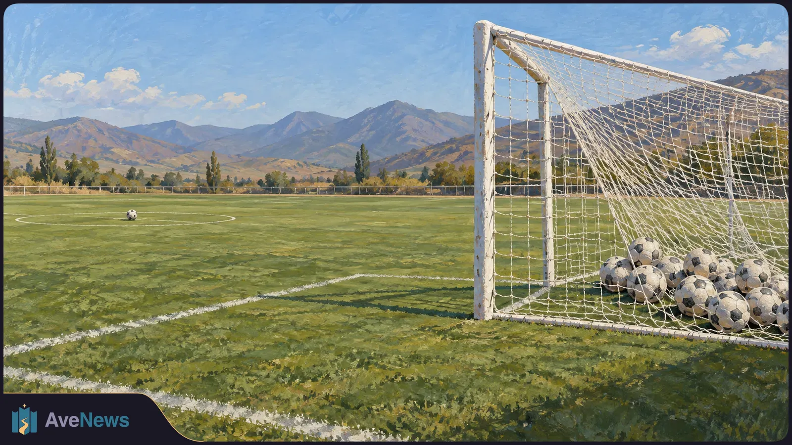 A painted football field with many balls in the goal on the right and one near midfield, with trees and mountains beyond. SI illustration