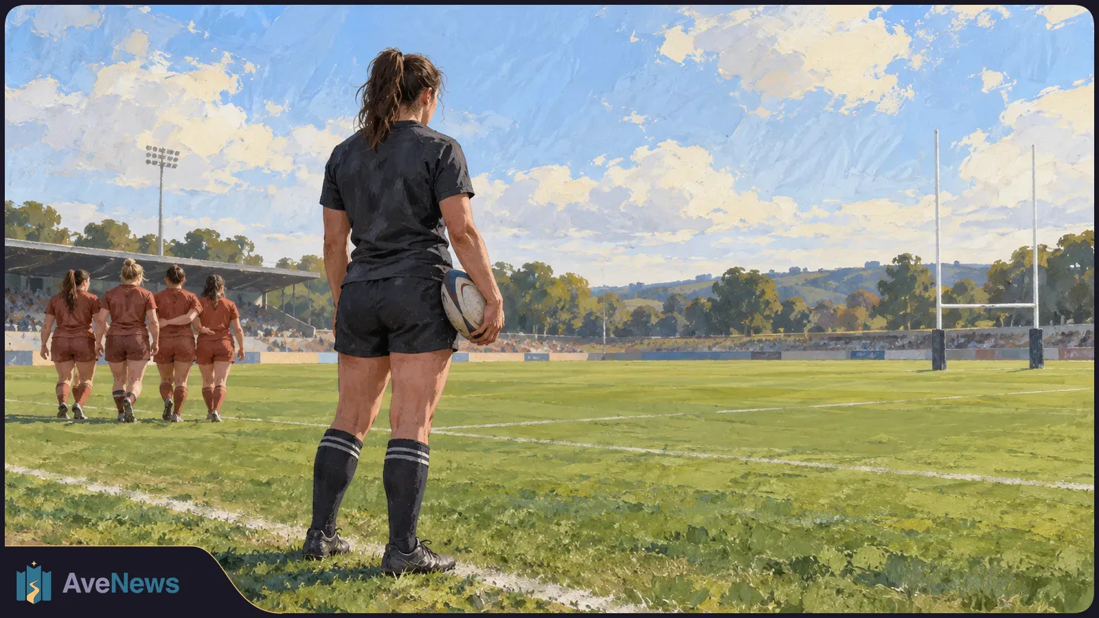 Illustration of a rugby player in black holding a ball on a grassy field, with four players walking away at left and goalposts at right. SI illustration