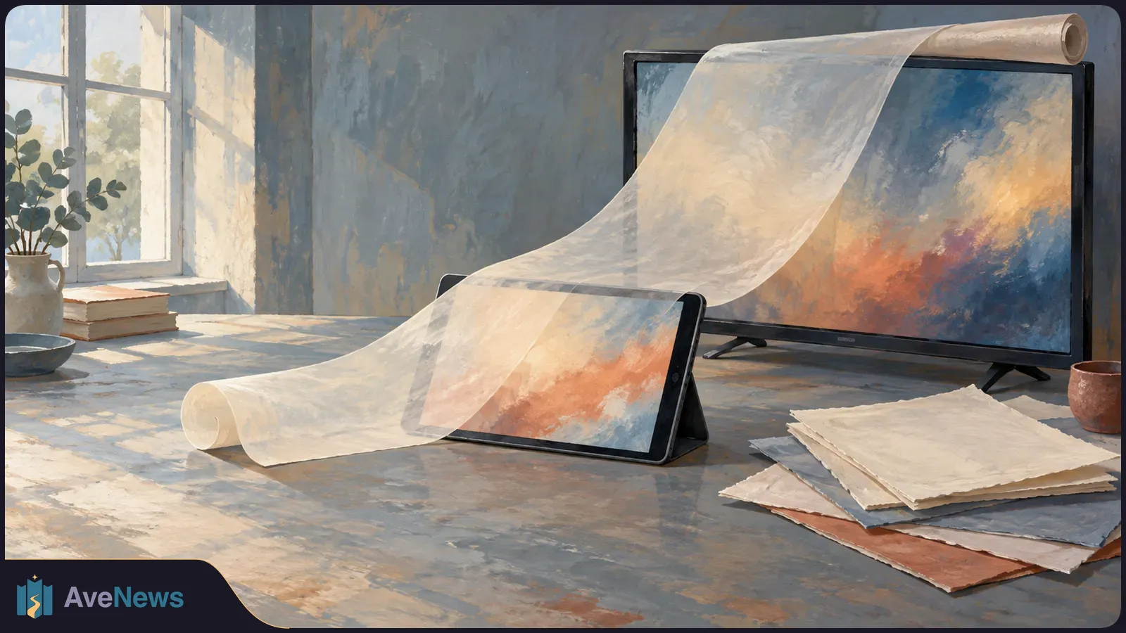 Painterly room scene with a television and tablet showing abstract colors, a translucent scroll draped across them, and blank papers on a table. SI illustration