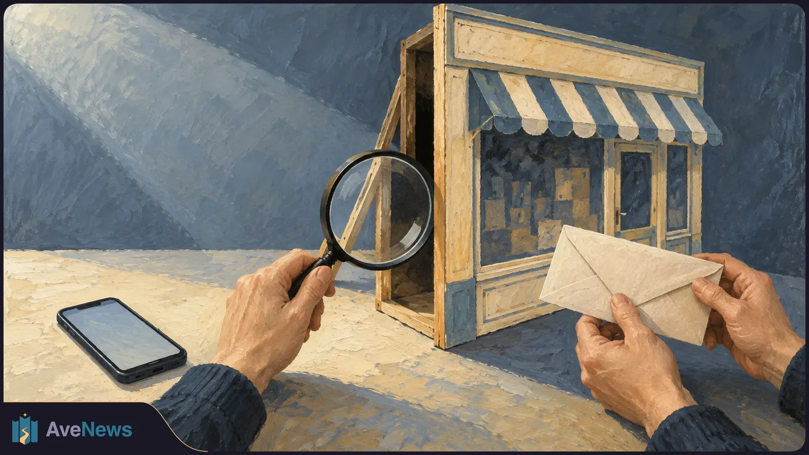 Painted scene of hands holding a magnifying glass beside a small storefront model and an envelope. A smartphone lies on the table. SI illustration