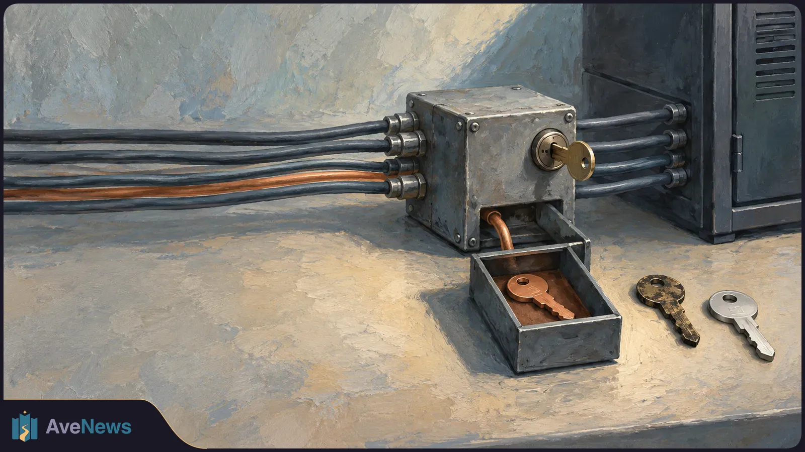 Painted illustration of cables running through a metal box with a key in its lock. An open drawer holds another key, and two more keys lie beside it. SI illustration