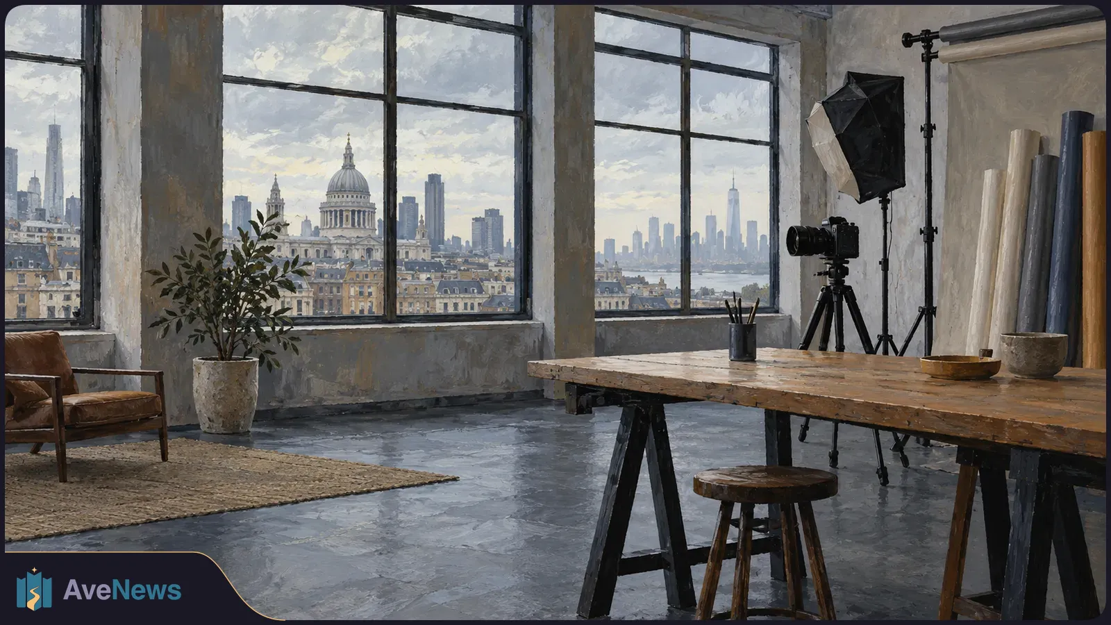 Painted photography studio with a camera, softbox and wooden table. Large windows frame a domed cathedral and a distant high-rise skyline. SI illustration