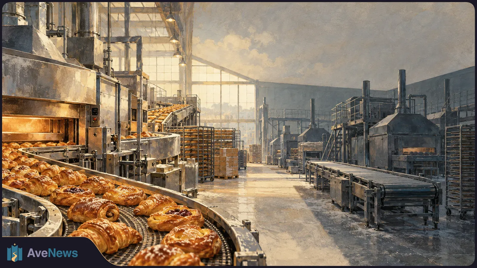 Pastries move along a curved conveyor belt through a large bakery factory lined with ovens, racks and equipment. SI illustration