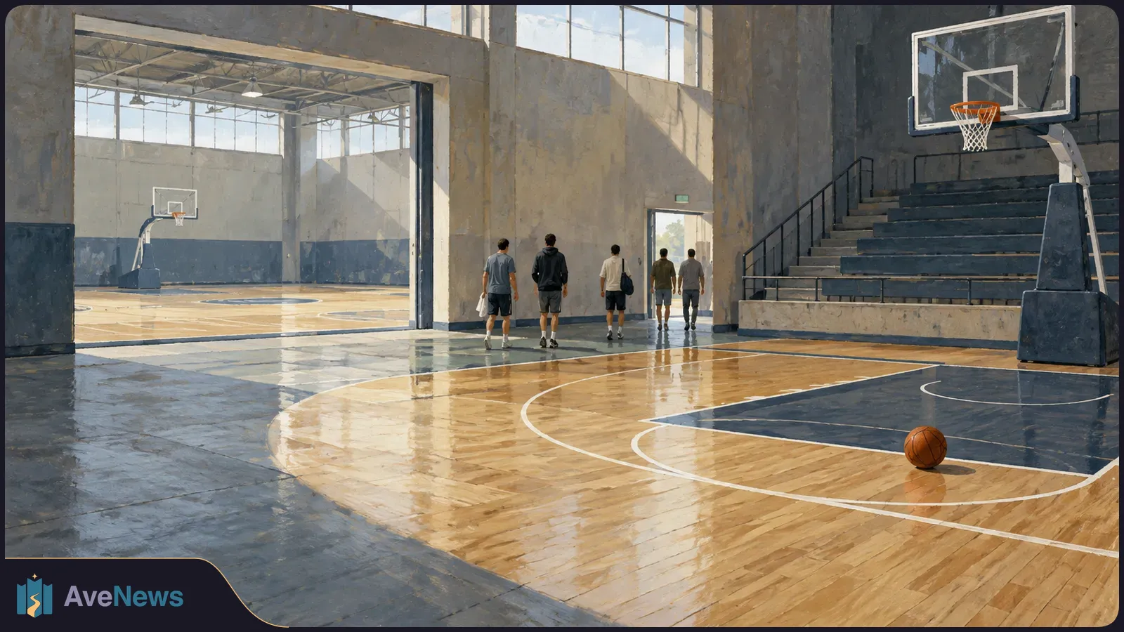 Painterly view of an indoor basketball court with a ball beneath a hoop, empty bleachers, and five people walking toward a doorway. SI illustration
